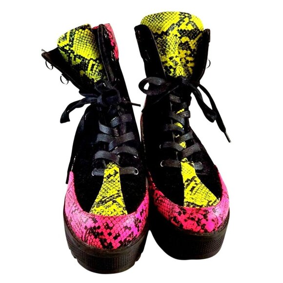 Vivianly Women's Pink & Yellow Snake Print Platform Boots W/Black Velvet Accents - Picture 4 of 11